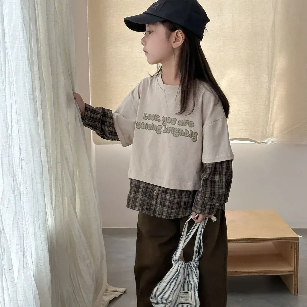 長袖Tシャツ ロゴプリントチェックドッキング長袖スウェット【mh0011239】