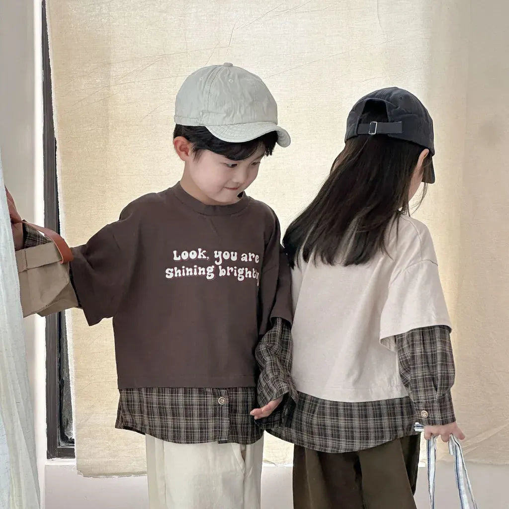 長袖Tシャツ ロゴプリントチェックドッキング長袖スウェット【mh0011239】