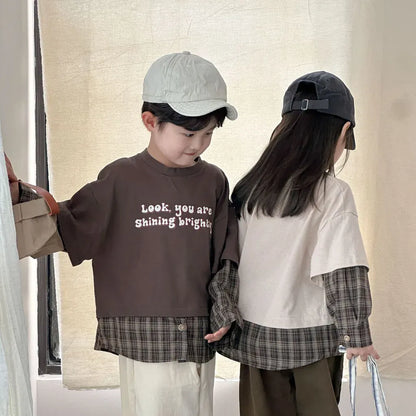 長袖Tシャツ ロゴプリントチェックドッキング長袖スウェット【mh0011239】