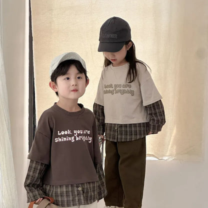 長袖Tシャツ ロゴプリントチェックドッキング長袖スウェット【mh0011239】