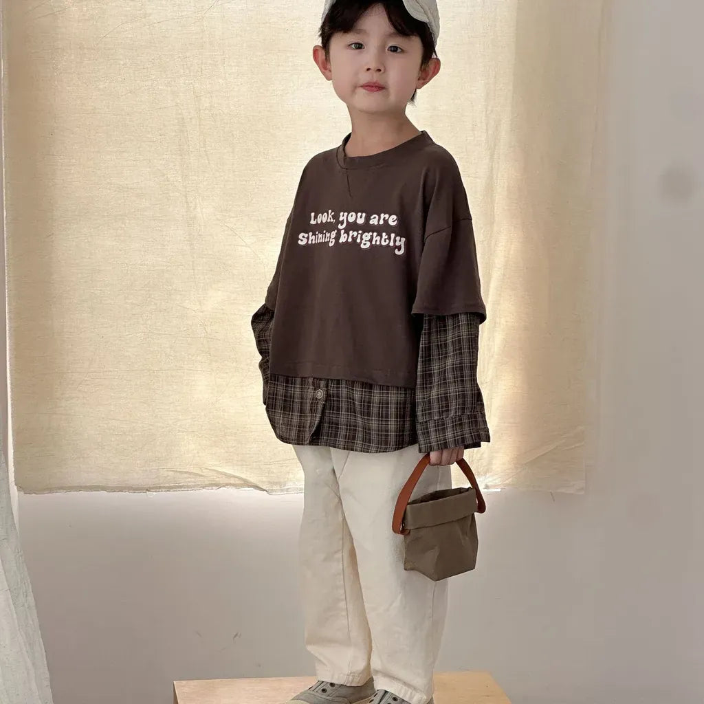 長袖Tシャツ ロゴプリントチェックドッキング長袖スウェット【mh0011239】