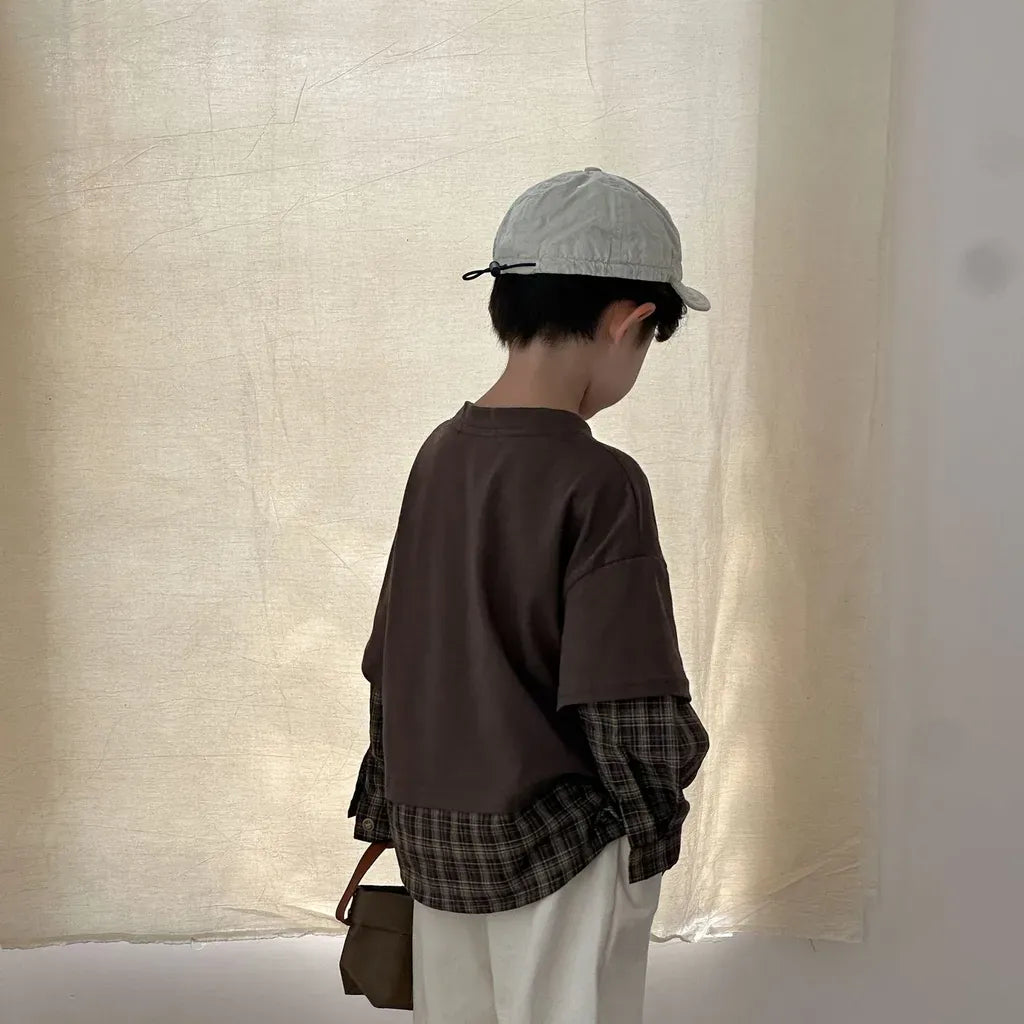 長袖Tシャツ ロゴプリントチェックドッキング長袖スウェット【mh0011239】