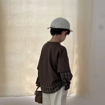 長袖Tシャツ ロゴプリントチェックドッキング長袖スウェット【mh0011239】