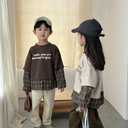 長袖Tシャツ ロゴプリントチェックドッキング長袖スウェット【mh0011239】