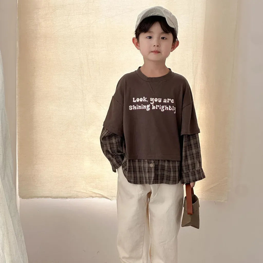 長袖Tシャツ ロゴプリントチェックドッキング長袖スウェット【mh0011239】