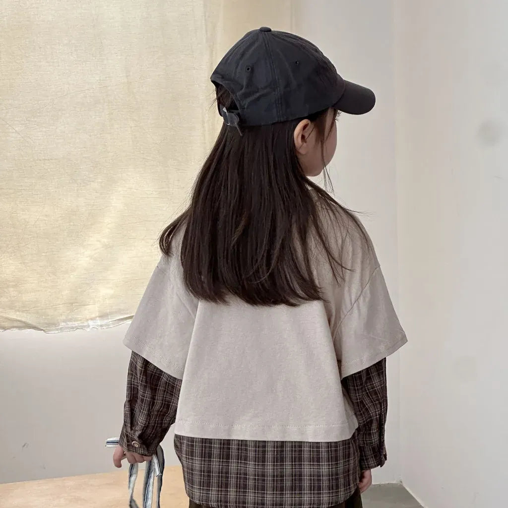 長袖Tシャツ ロゴプリントチェックドッキング長袖スウェット【mh0011239】