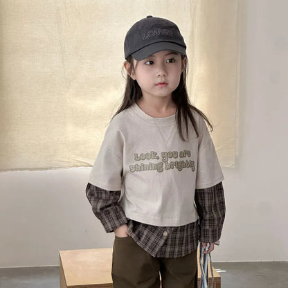 長袖Tシャツ ロゴプリントチェックドッキング長袖スウェット【mh0011239】