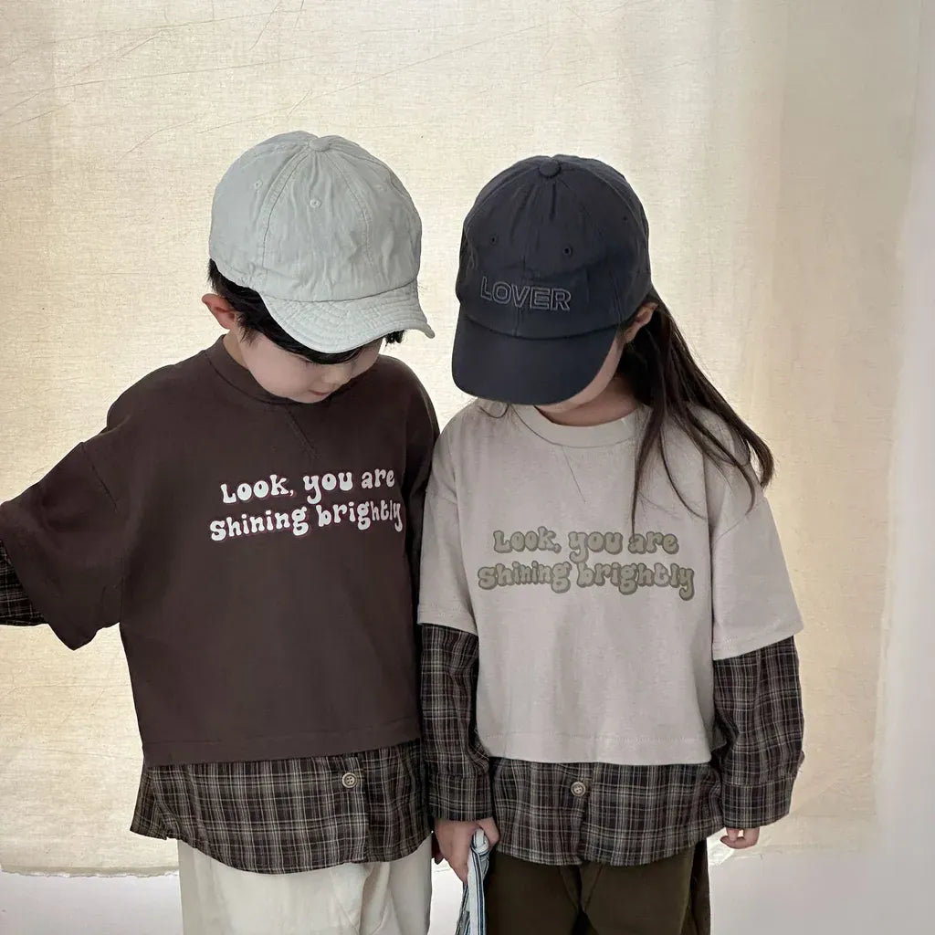 長袖Tシャツ ロゴプリントチェックドッキング長袖スウェット【mh0011239】