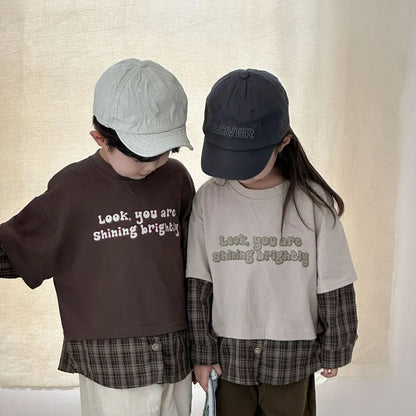 長袖Tシャツ ロゴプリントチェックドッキング長袖スウェット【mh0011239】