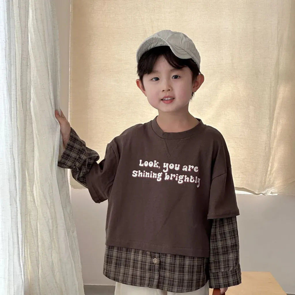 長袖Tシャツ ロゴプリントチェックドッキング長袖スウェット【mh0011239】