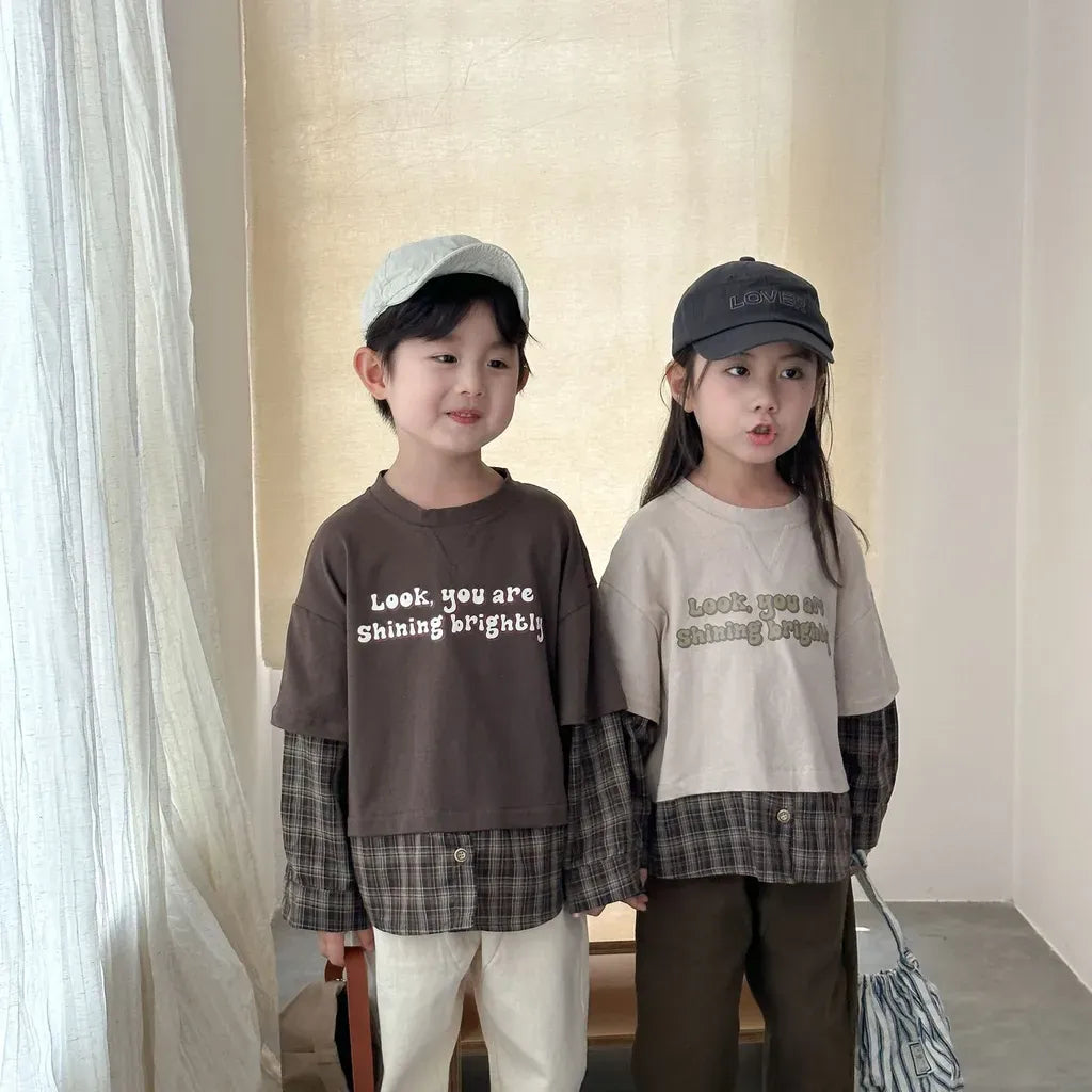 長袖Tシャツ ロゴプリントチェックドッキング長袖スウェット【mh0011239】