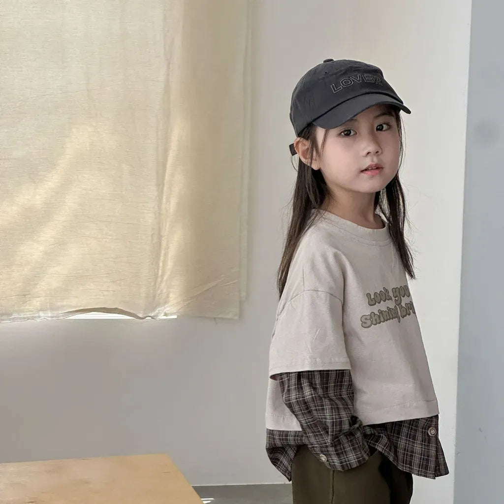 長袖Tシャツ ロゴプリントチェックドッキング長袖スウェット【mh0011239】