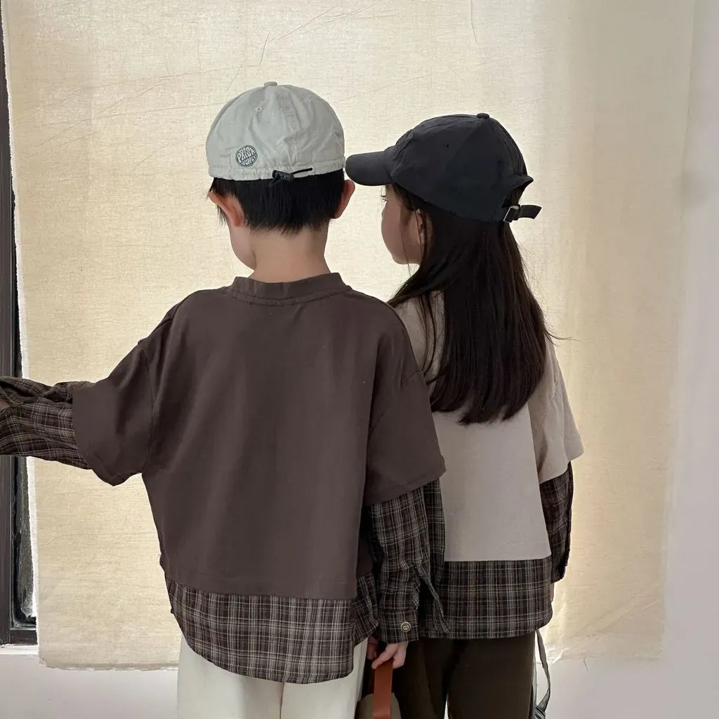 長袖Tシャツ ロゴプリントチェックドッキング長袖スウェット【mh0011239】