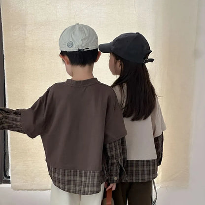 長袖Tシャツ ロゴプリントチェックドッキング長袖スウェット【mh0011239】