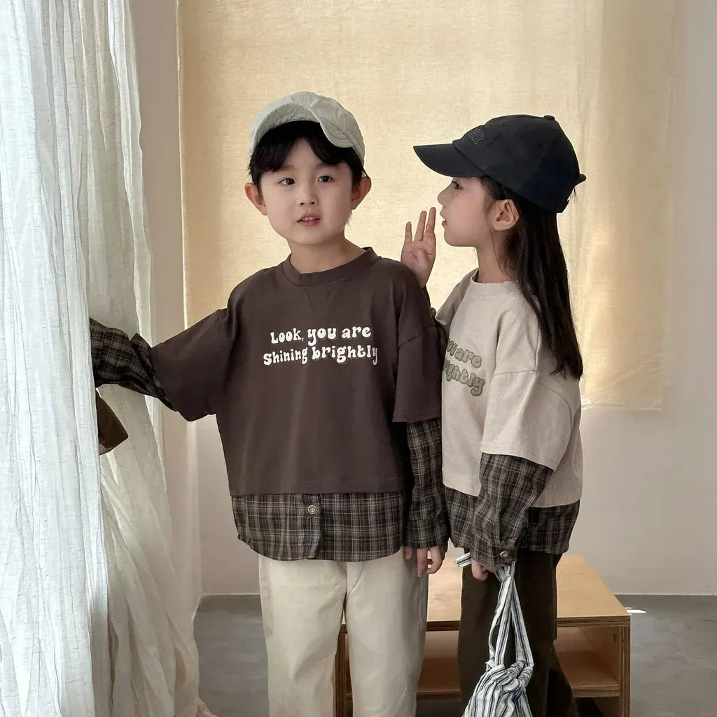 長袖Tシャツ ロゴプリントチェックドッキング長袖スウェット【mh0011239】