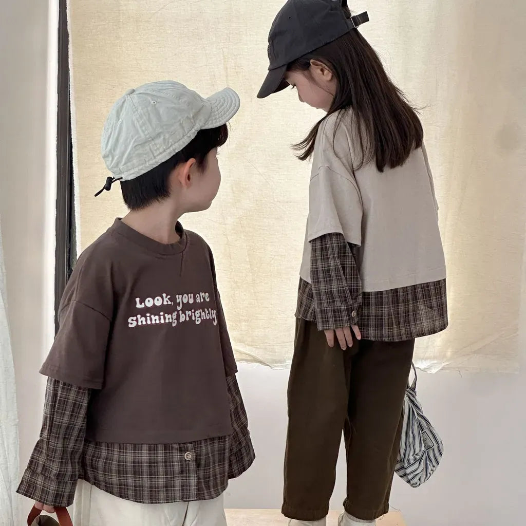 長袖Tシャツ ロゴプリントチェックドッキング長袖スウェット【mh0011239】