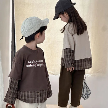 長袖Tシャツ ロゴプリントチェックドッキング長袖スウェット【mh0011239】