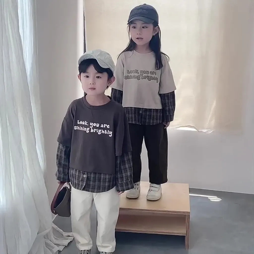 長袖Tシャツ ロゴプリントチェックドッキング長袖スウェット【mh0011239】