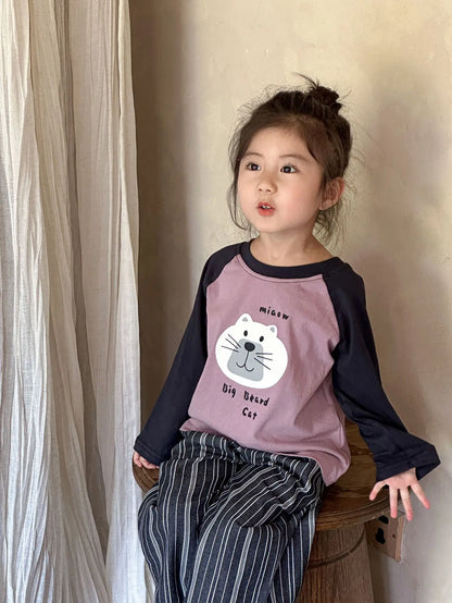 長袖Tシャツ Purple / 12M  80CM キッズトップス 長袖ラグランパッチワーク猫キャットプリントTシャツ 2カラー【mh0006705】