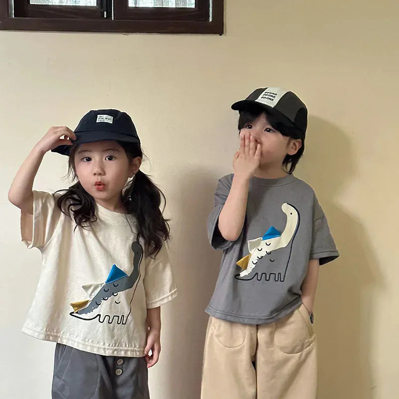 半袖Tシャツ キッズトップス 半袖Tシャツ ダイナソー恐竜アップリケ 2カラー【mh0005856】