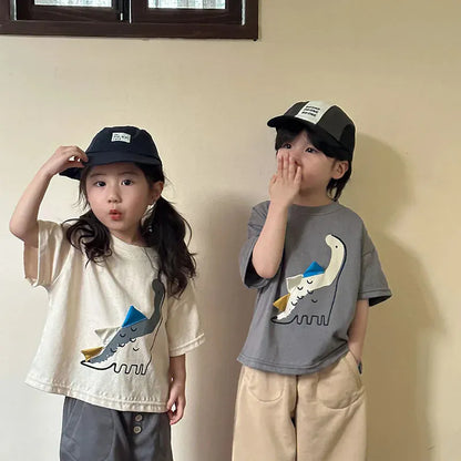 半袖Tシャツ キッズトップス 半袖Tシャツ ダイナソー恐竜アップリケ 2カラー【mh0005856】