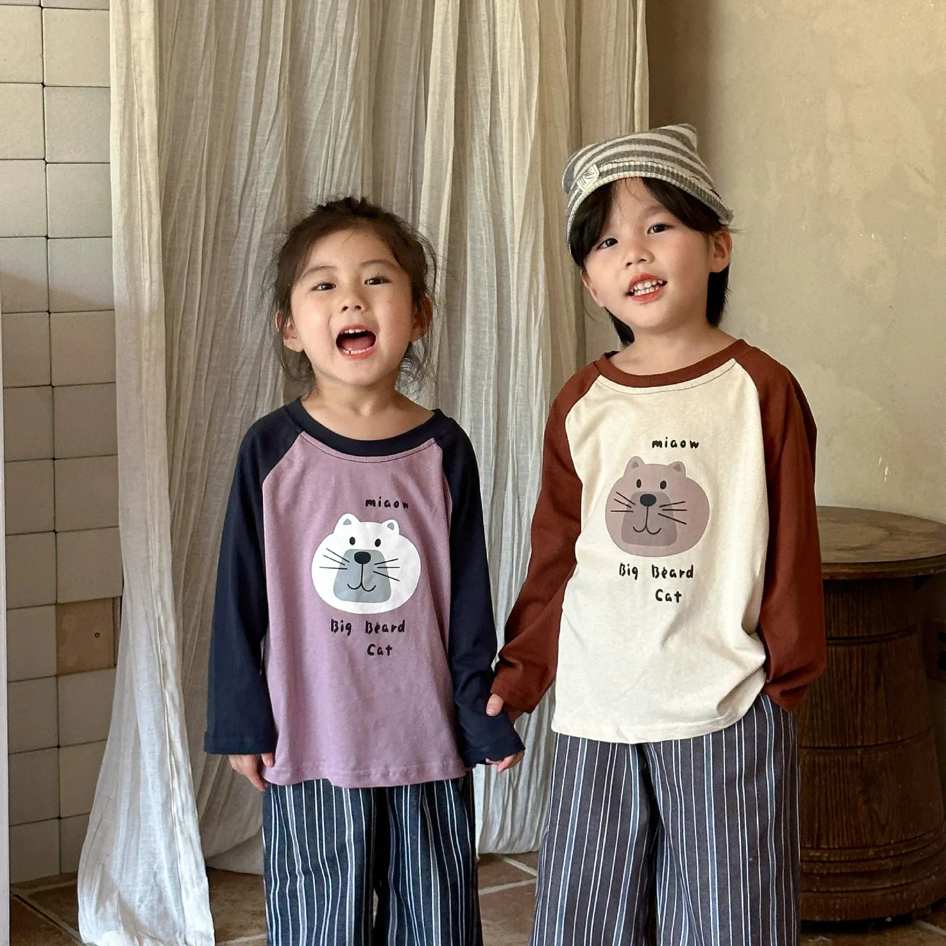 長袖Tシャツ キッズトップス 長袖ラグランパッチワーク猫キャットプリントTシャツ 2カラー【mh0006705】