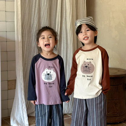 長袖Tシャツ キッズトップス 長袖ラグランパッチワーク猫キャットプリントTシャツ 2カラー【mh0006705】