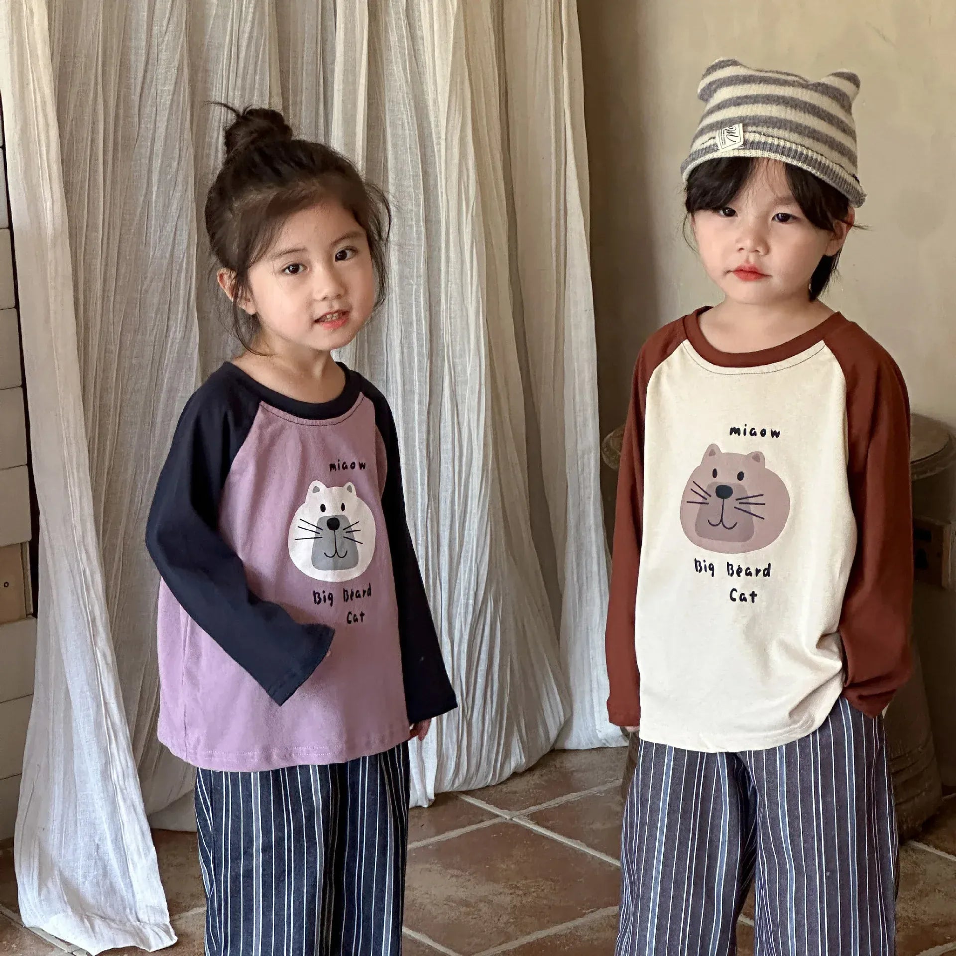 長袖Tシャツ キッズトップス 長袖ラグランパッチワーク猫キャットプリントTシャツ 2カラー【mh0006705】