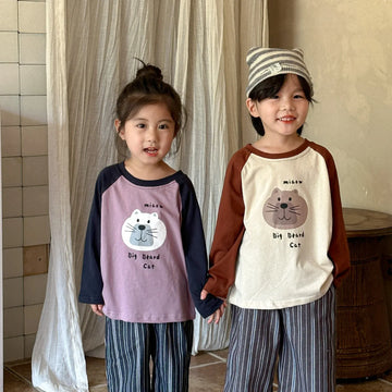 長袖Tシャツ キッズトップス 長袖ラグランパッチワーク猫キャットプリントTシャツ 2カラー【mh0006705】