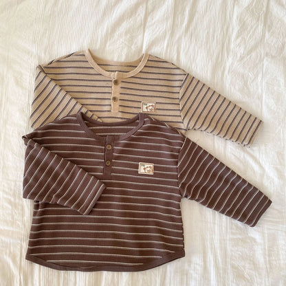 長袖Tシャツ キッズトップス ボーダーベアくまワンポイントヘンリーネック長袖Tシャツ 2 カラー【mh0006891】