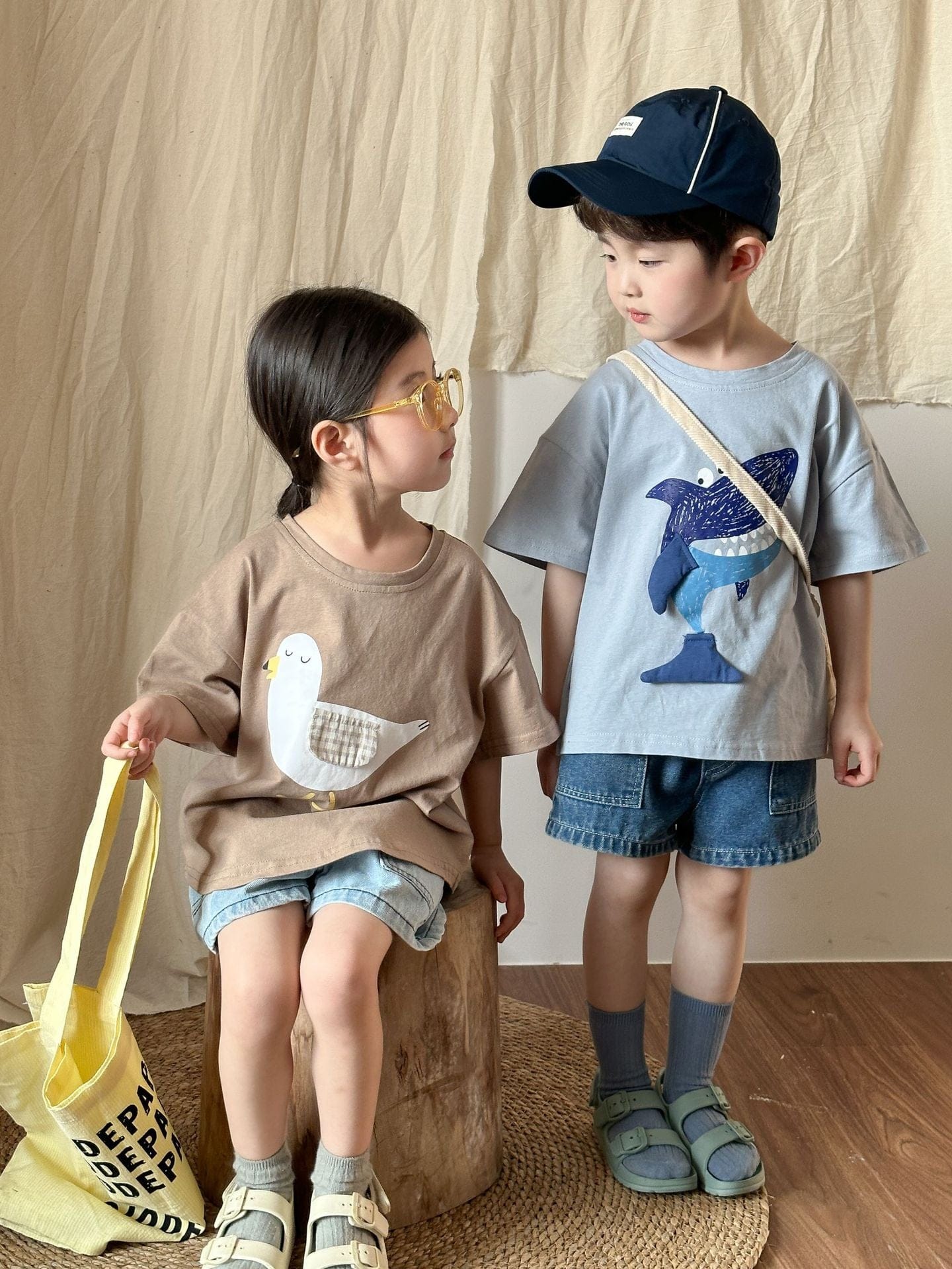 半袖Tシャツ 鳥/クジラプリント半袖Tシャツ【mh0010183】