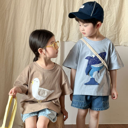 半袖Tシャツ 鳥/クジラプリント半袖Tシャツ【mh0010183】