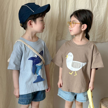 半袖Tシャツ 鳥/クジラプリント半袖Tシャツ【mh0010183】