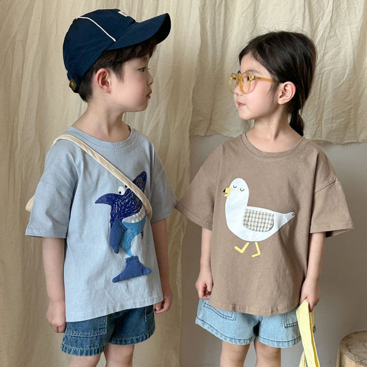 半袖Tシャツ 鳥/クジラプリント半袖Tシャツ【mh0010183】