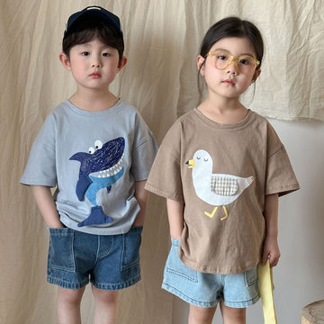 半袖Tシャツ 鳥/クジラプリント半袖Tシャツ【mh0010183】