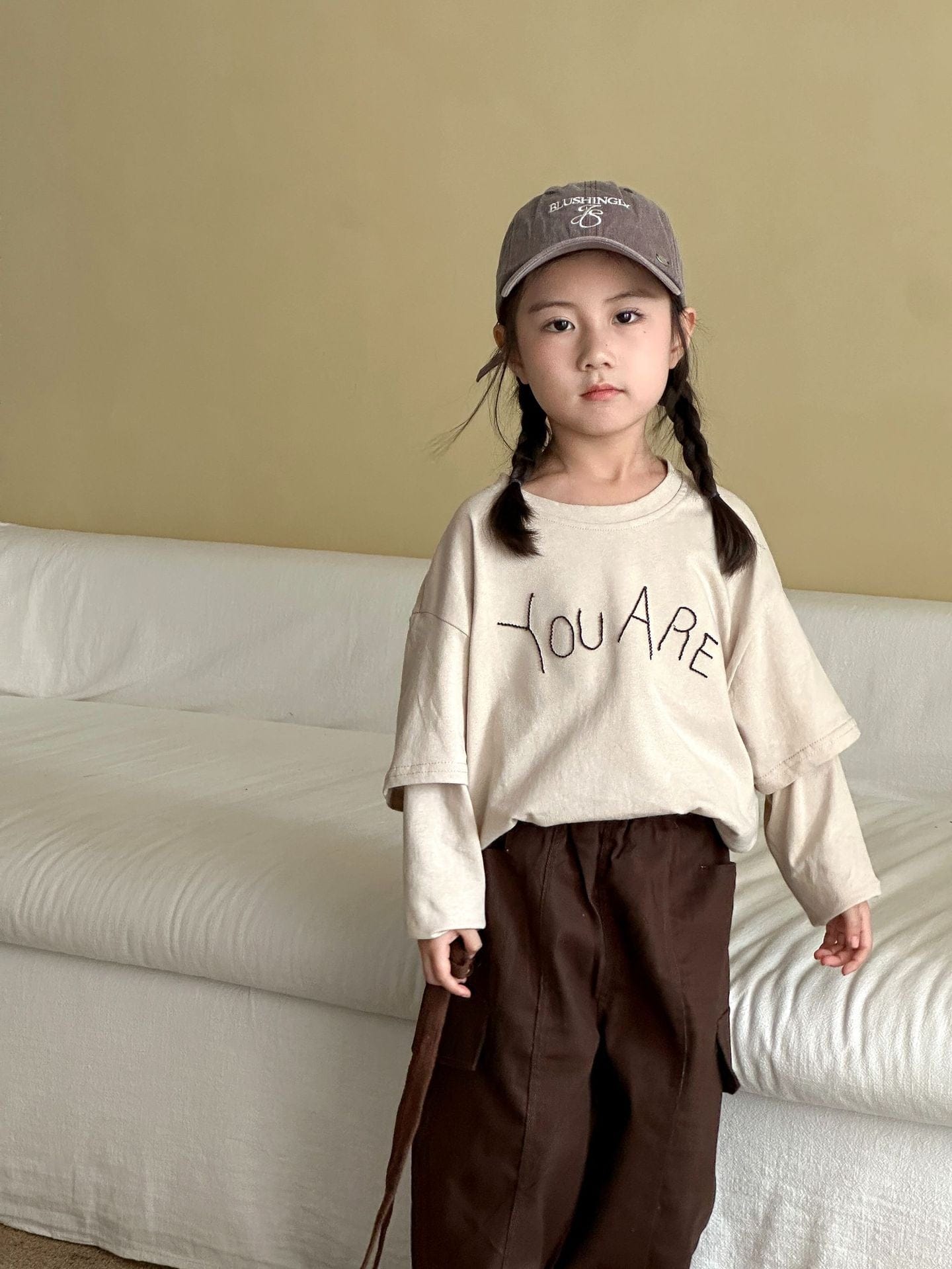 長袖Tシャツ レターロゴ刺繍ドッキング長袖Tシャツ【mh0010486】