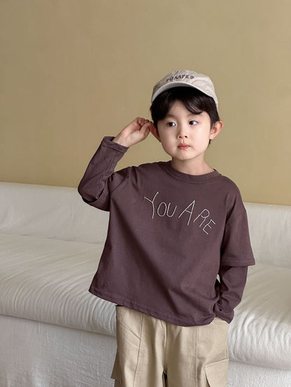 長袖Tシャツ レターロゴ刺繍ドッキング長袖Tシャツ【mh0010486】