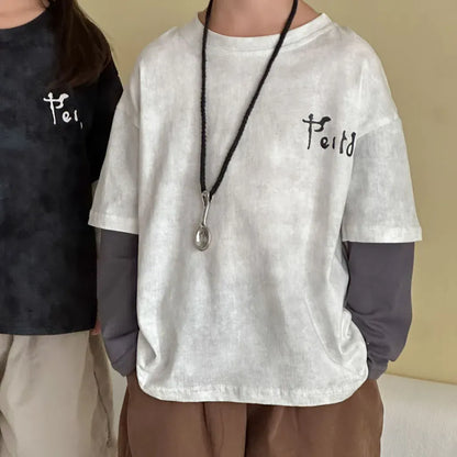 長袖Tシャツ レタリングプリントフェイクレイヤード長袖Tシャツ【mh0011244】