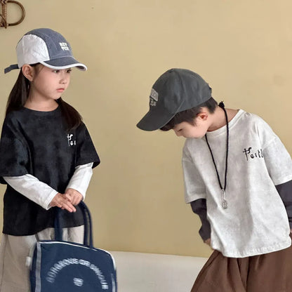 長袖Tシャツ レタリングプリントフェイクレイヤード長袖Tシャツ【mh0011244】