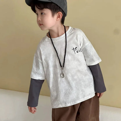 長袖Tシャツ レタリングプリントフェイクレイヤード長袖Tシャツ【mh0011244】