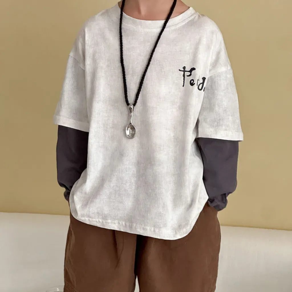 長袖Tシャツ レタリングプリントフェイクレイヤード長袖Tシャツ【mh0011244】