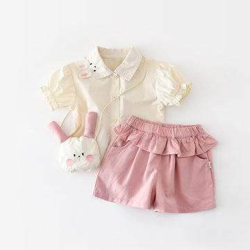 Rabbit Embroidery Set 半袖シャツ フリルハーフパンツ セット【mh0012854】 Pink / 73cm ABNN 半袖セットアップ