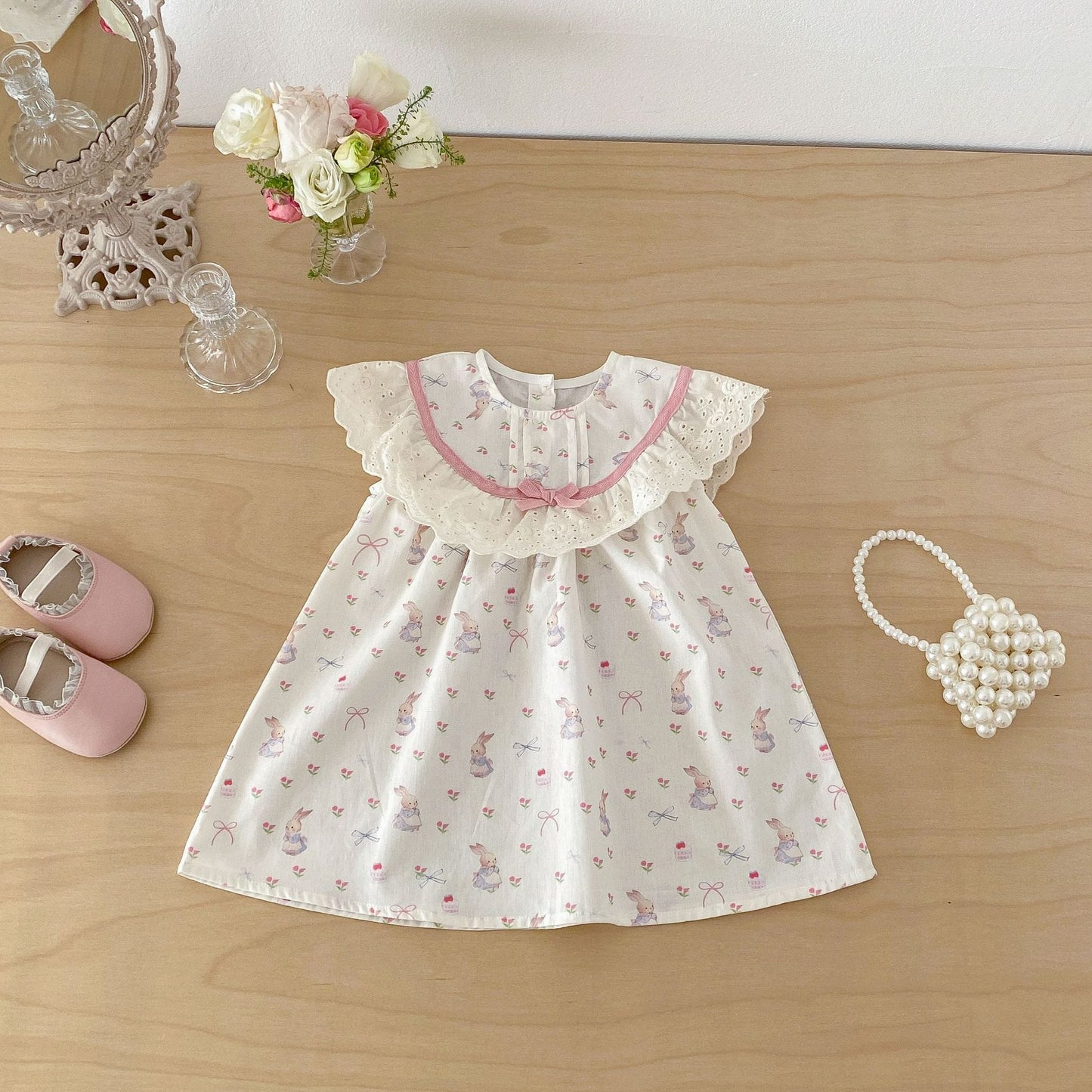 Rabbit Floral Lace Collar Dress ウサギ 花柄 レース襟 ノースリーブ ワンピース【mh0012711】 angou ノースリーブワンピース