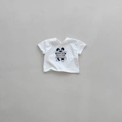 うさぎ柄の綿半袖Tシャツ 白、胸元ロゴプリント