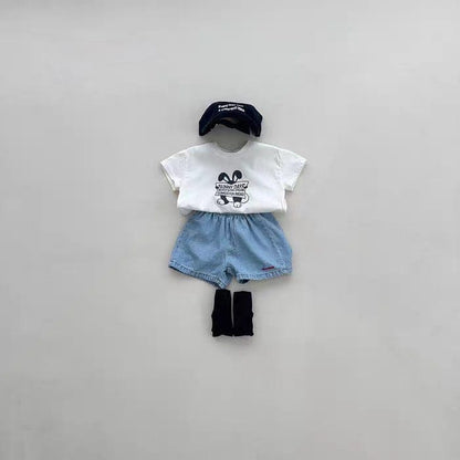 うさぎ柄の綿半袖Tシャツ 白、フロントプリント