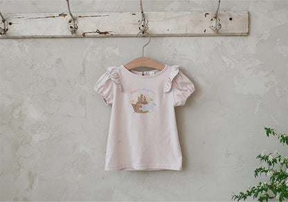 ホワイトの子ども用Tシャツ、フリル袖とうさぎプリント