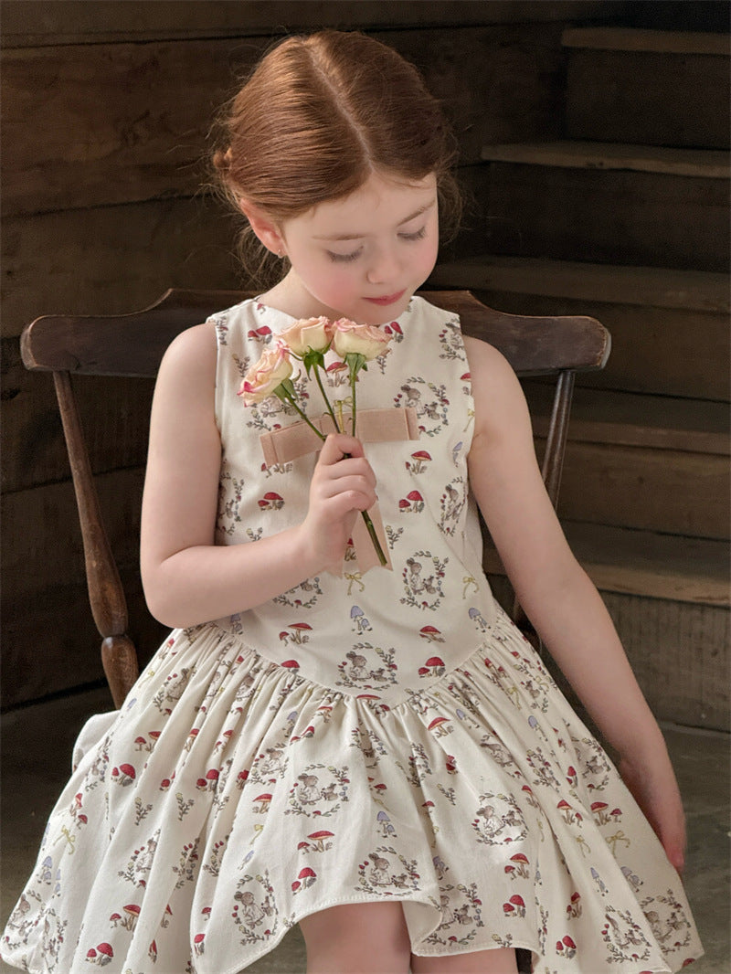 Rabbit Mushroom V-neck Cotton Dress うさぎ きのこ Vネック ノースリーブワンピース【mh0012421】 Chengle