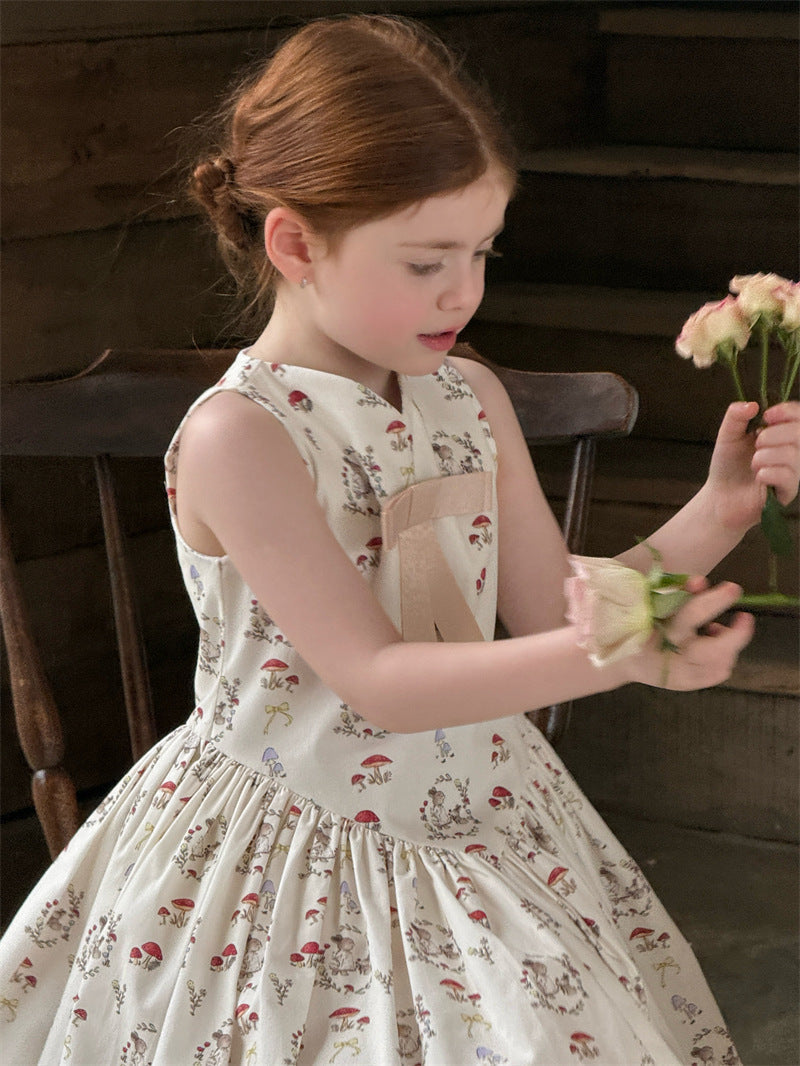 Rabbit Mushroom V-neck Cotton Dress うさぎ きのこ Vネック ノースリーブワンピース【mh0012421】 Chengle