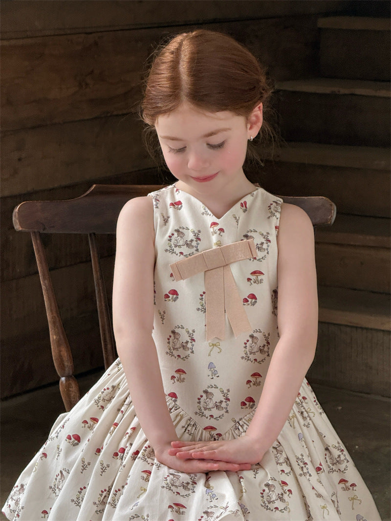 Rabbit Mushroom V-neck Cotton Dress うさぎ きのこ Vネック ノースリーブワンピース【mh0012421】 Chengle