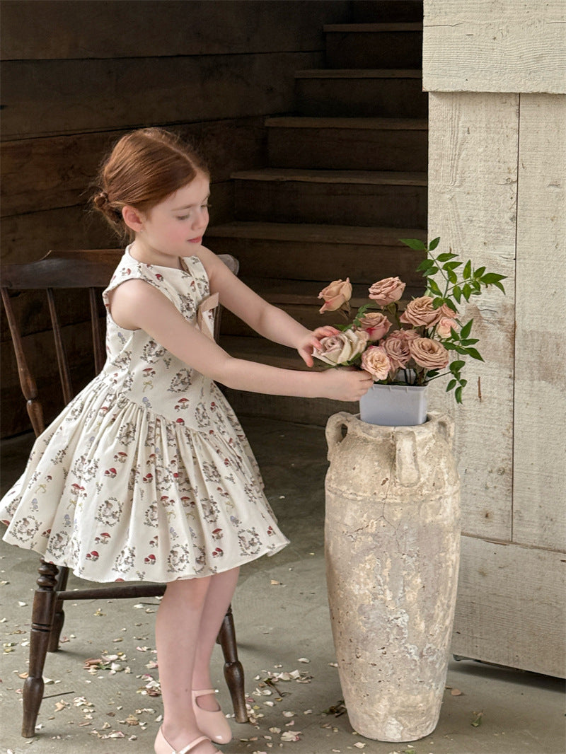 Rabbit Mushroom V-neck Cotton Dress うさぎ きのこ Vネック ノースリーブワンピース【mh0012421】 Chengle